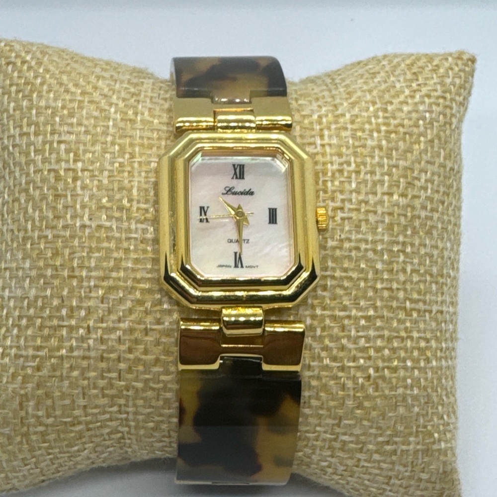 Lucida Ladies Gold and Brown Geometric Dress Watch with Lucite Link Band 8”